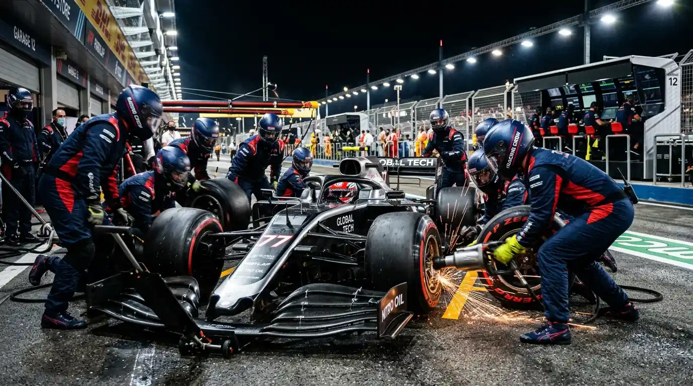 Formel-1-Boxenstopp bei Nacht mit Mechanikern in Teamkleidung beim Reifenwechsel
