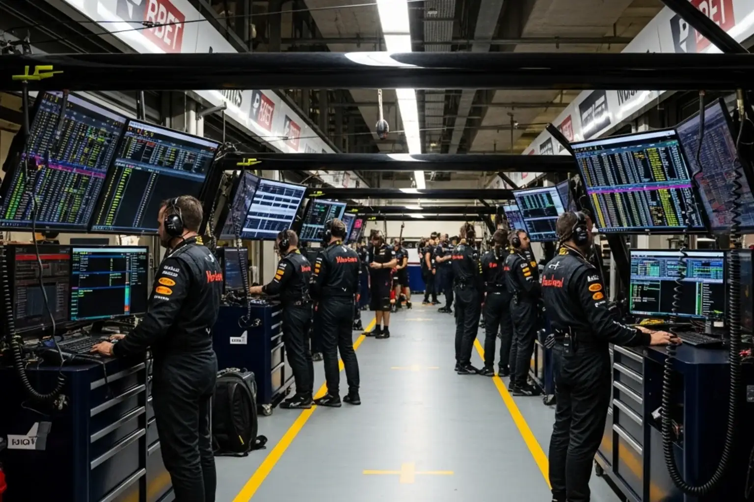 Blick in die F1-Boxengasse mit Monitoren und Datenanalyse-Screens am Rennwochenende