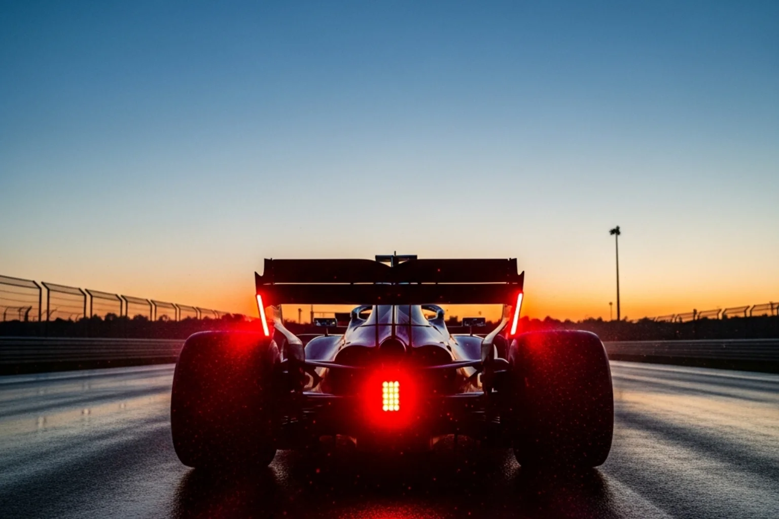 Formel-1-Bolide auf der Rennstrecke bei Dämmerung mit Datenoverlay zu Wettquoten und Telemetrie
